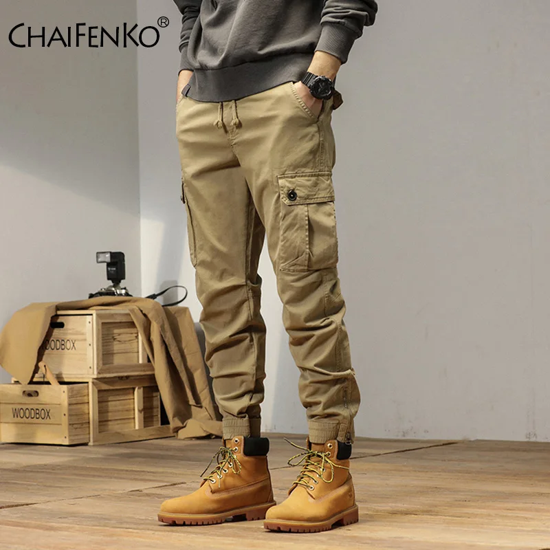 

Autumn Winter Street Retro Men Jogger Pants Outdoor Simplicity Multiple Pockets Cargo Pants New Fashion Solid Sweat Pants Men