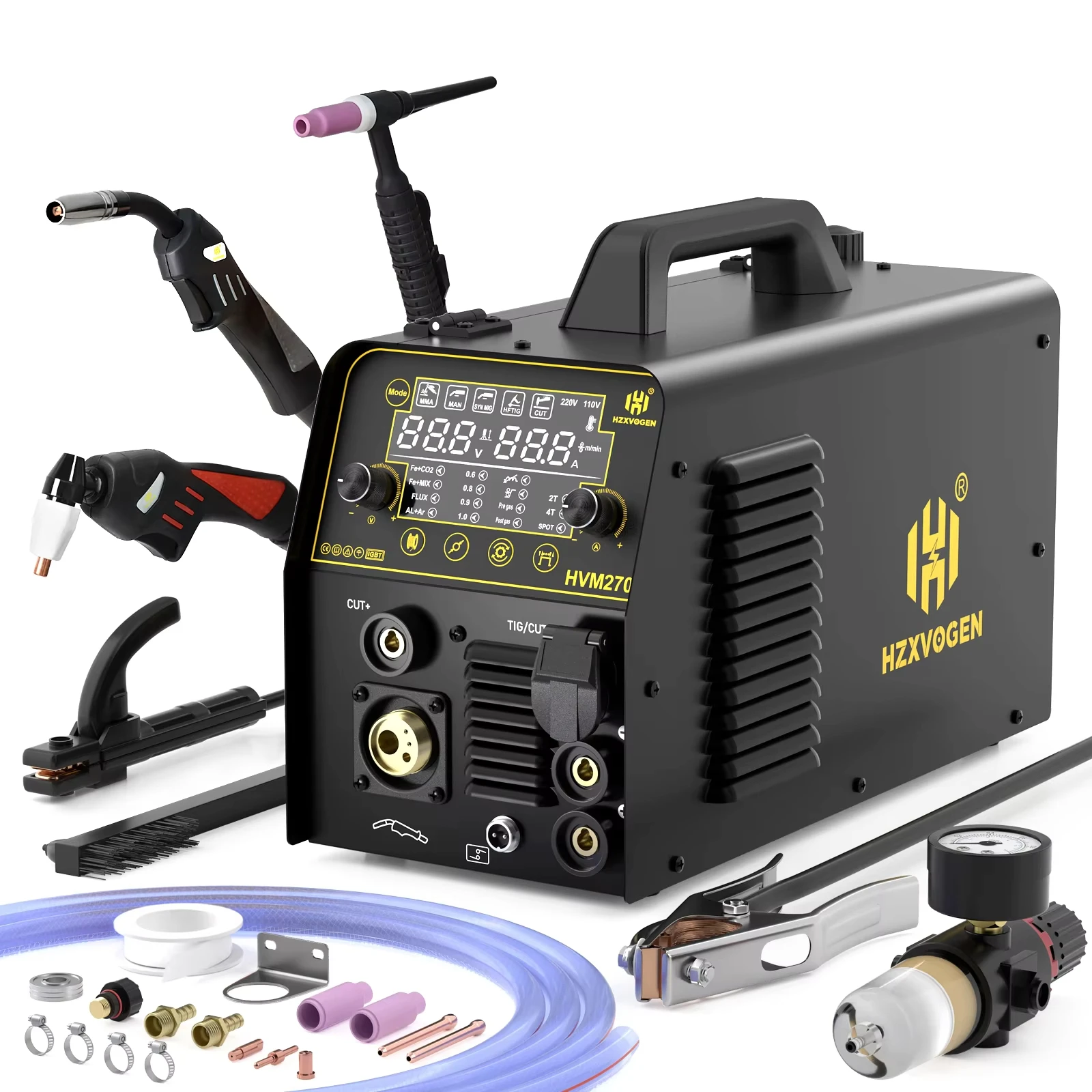 HZXVOGEN HVM270 Saldatrice per alluminio 6 in 1 Taglio/Gas MIG/MIG senza gas/HF TIG/MMA Schermo digitale 2/4T Saldatore inverter Acciaio