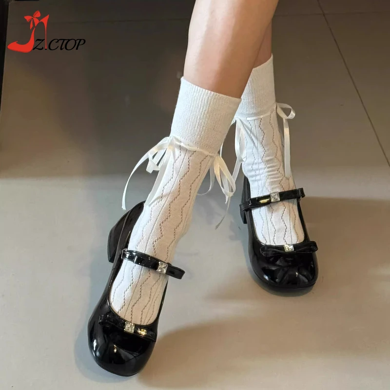 

Black Mary Jane Women Shoes Spring Autumn New Low Thick Heeled Women's Pumps Sweet Bow Lolita Dress Shoes