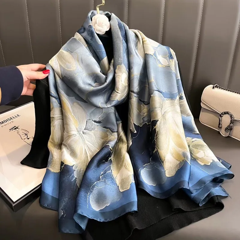 Women Vintage Long Satin Scarf 180×90cm Oversized Shawl Wrap Sun Protection Lightweight Stole Office Travel Evening Dress Outfit