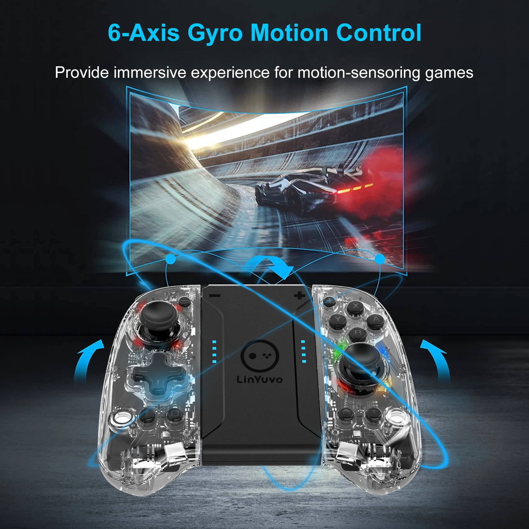 LinYuvo 8 LED Color Replacement Joypad Wireless Controller for Switch&OLED,with Turbo/Vibration/6-Axis Gyro/Wake-up Function