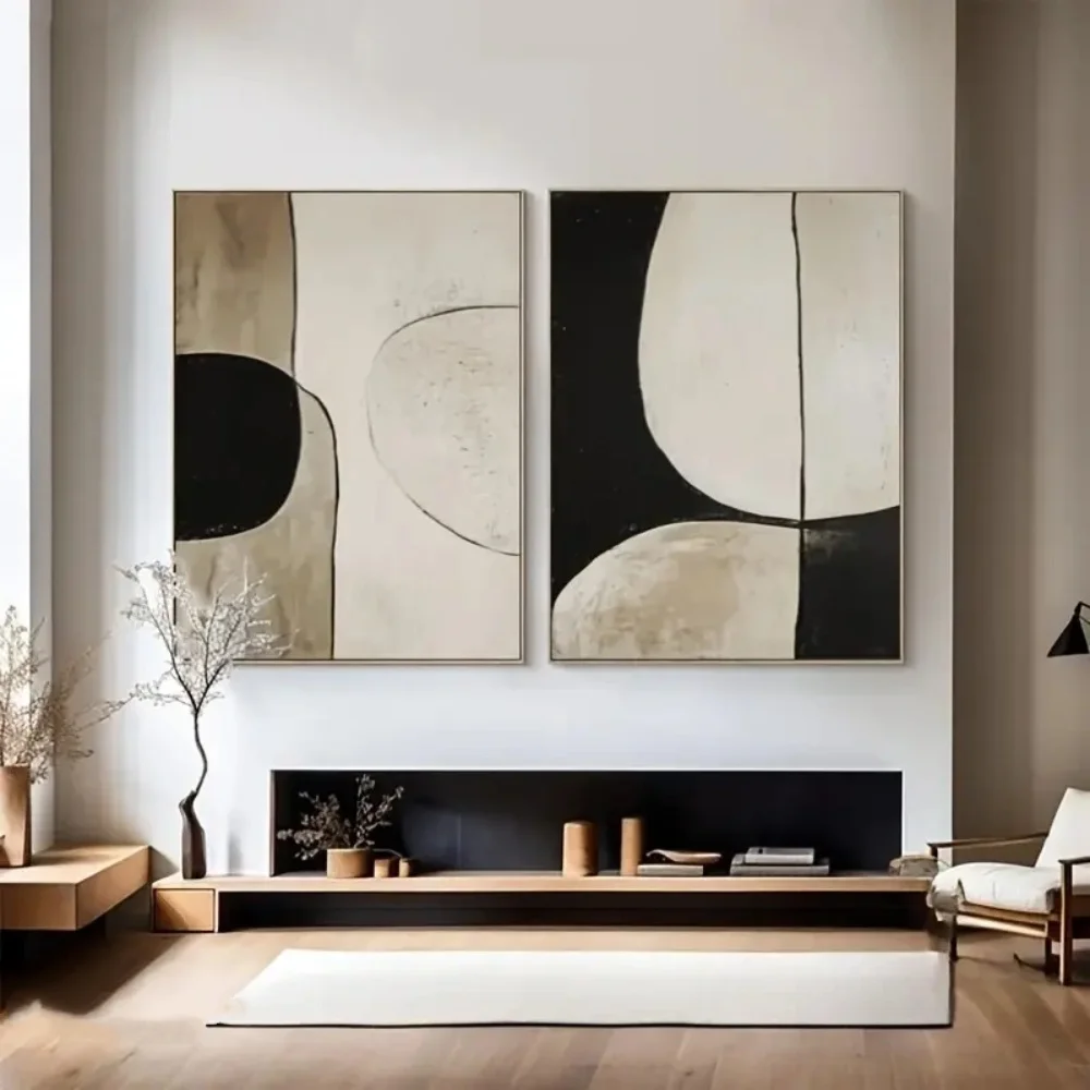 Customize Large Netural Color Wabi Sabi Wall Art Beige and Black Minimalist Wall Art Texture Abstract Geometric Oil Painting
