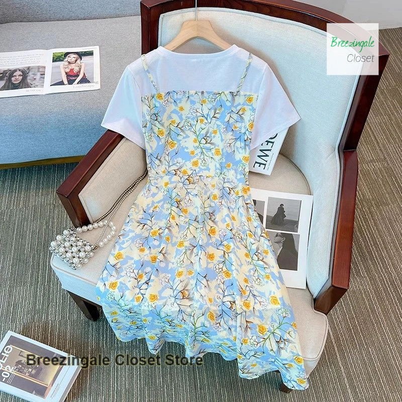 Jupe longue de style coréen, fausse robe deux pièces à manches courtes pour femme, grande taille, ample, slim, tempérament, jupe florale, été