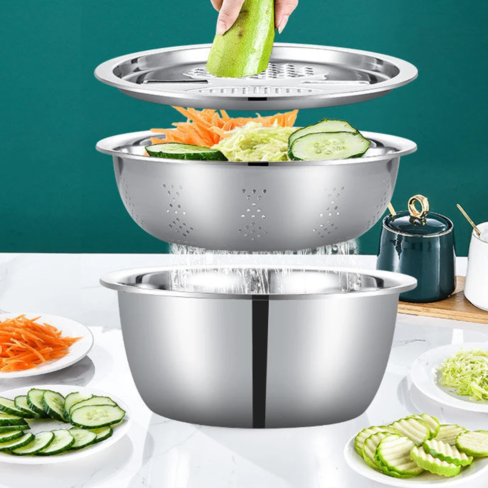 

Stainless Steel Drain Basin With Slicing Tool Reusable Veggie Washing Strainer For Fruit Potato