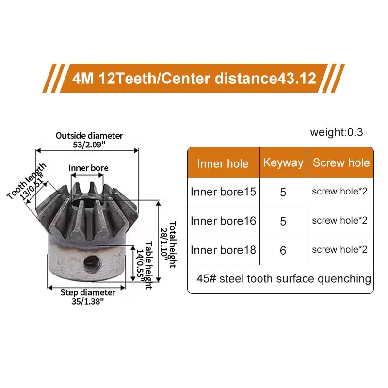 Bevel Gear 4M12T  With Inner Hole 15keyway5 16keyway5 18keyway6 90 Degree Drive Commutation Steel Gears