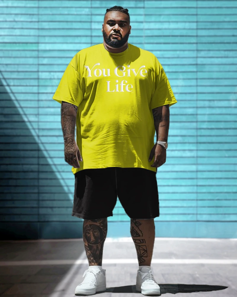 Men's Plus Size Yellow T-Shirt and Black Shorts Set, White You Give Life Slogan on Front and Back, Short Sleeve Crew Neck