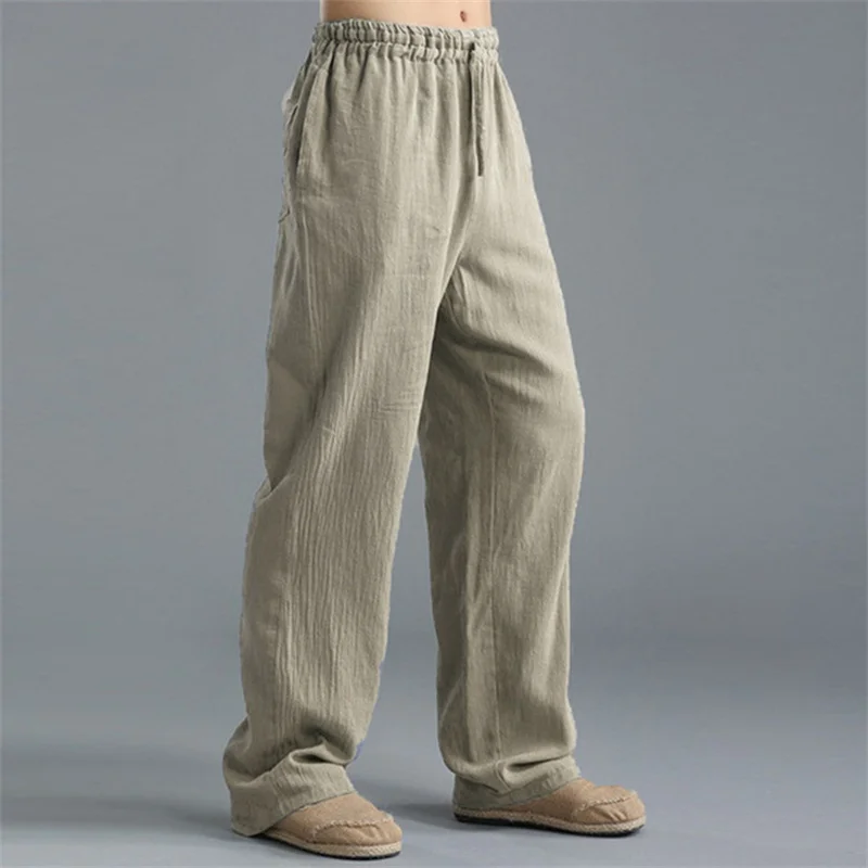 Solid Color Cotton Linen Men Pants Minimalist Basic Casual Drawstring Trousers Thin Plus Size Loose Straight Leg Pant