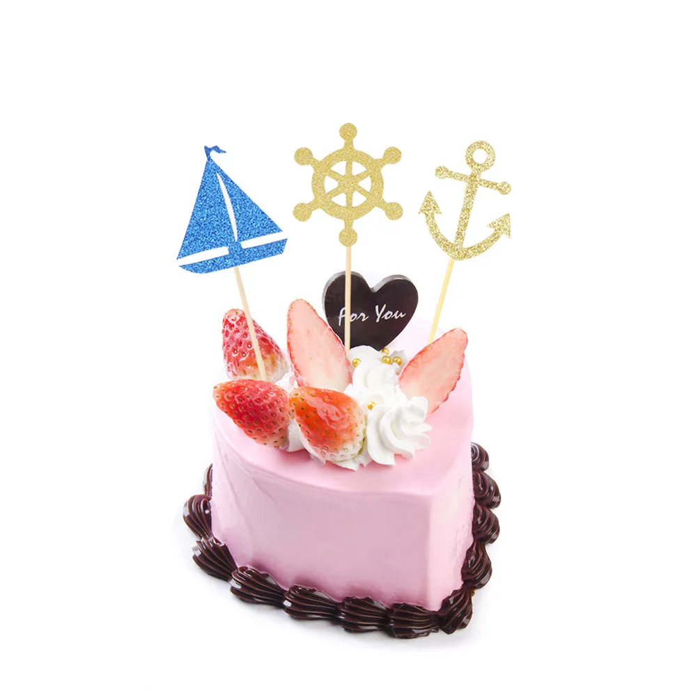 Juego de 48 adornos para tartas con motivos de barcos de vela, ideal para decorar tartas, servir frutas en pinchos, como aperitivos en fiestas y para la decoración de bodas.