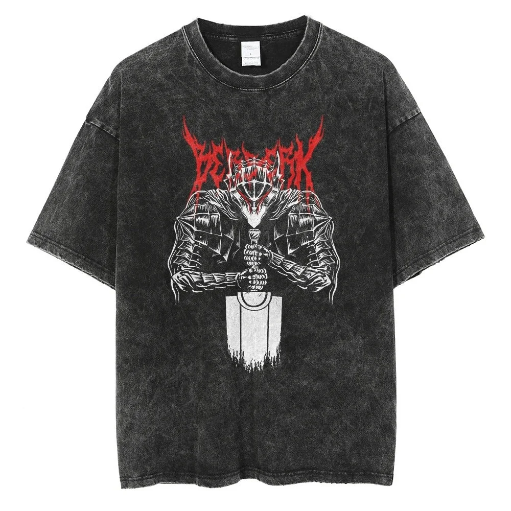 Berserk Japanese Anime Printed Washed T-shirt Men and Women Retro Comfortable Street Style Oversized Summer Short Sleeve Tops