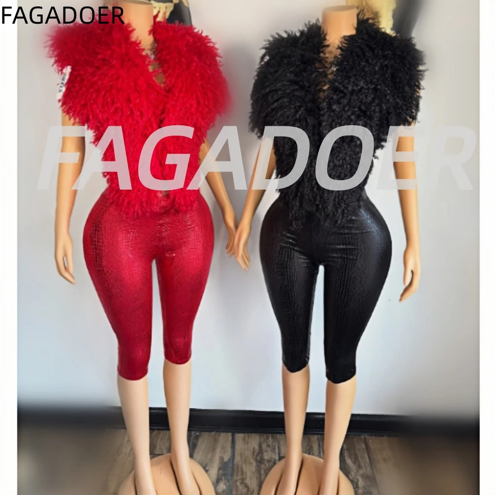 FAGADOER Sexy Fur Patchwork 2 Pieces Set for Woman Halter Sleeveless Backless Top + Snake Print Shorts Outfits Female Streetwear