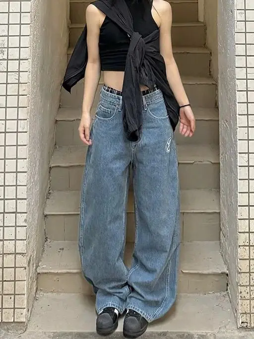 Vintage Stickerei Baggy Jeans Frauen Kleidung Straße Harajuku Hip Hop Hohe Taille Jeans Frau Casual Breite Bein Y2K Hosen