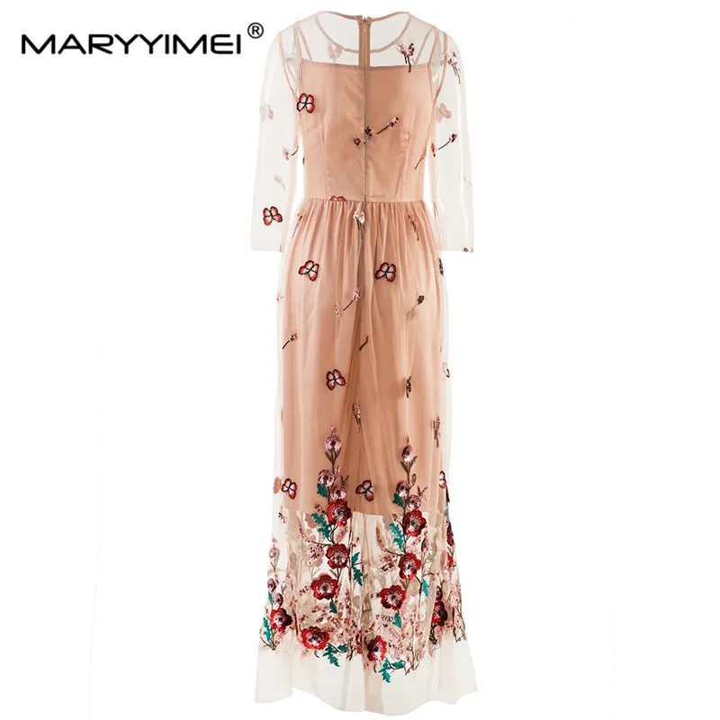 MARYYIMEI New Fashion Autumn Elegant dress Lace Long Sleeved Sequins Beading Embroidery Holiday Slim Dresses