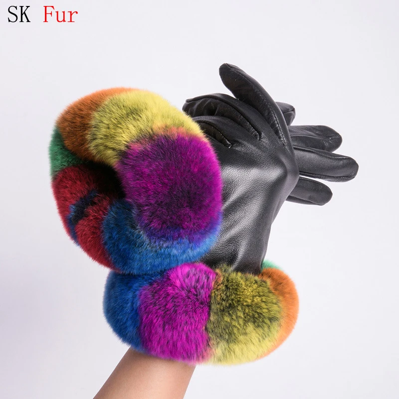 

Leather Gloves Women Warm Autumn Winter Soft Decoration Rex Rabbit Fur Wrist Coral Velvet Thick Real Fur Elegant Gloves