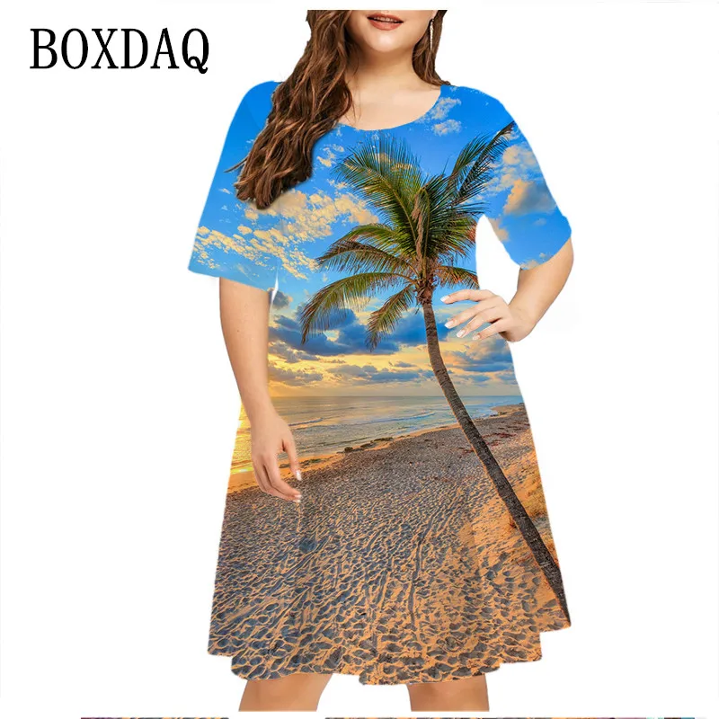 Women Natural Scenery Beach Style Summer Dresses For 2023 New Fashion Short Sleeve Plus Size Loose Dress Casual Party Mini Dress