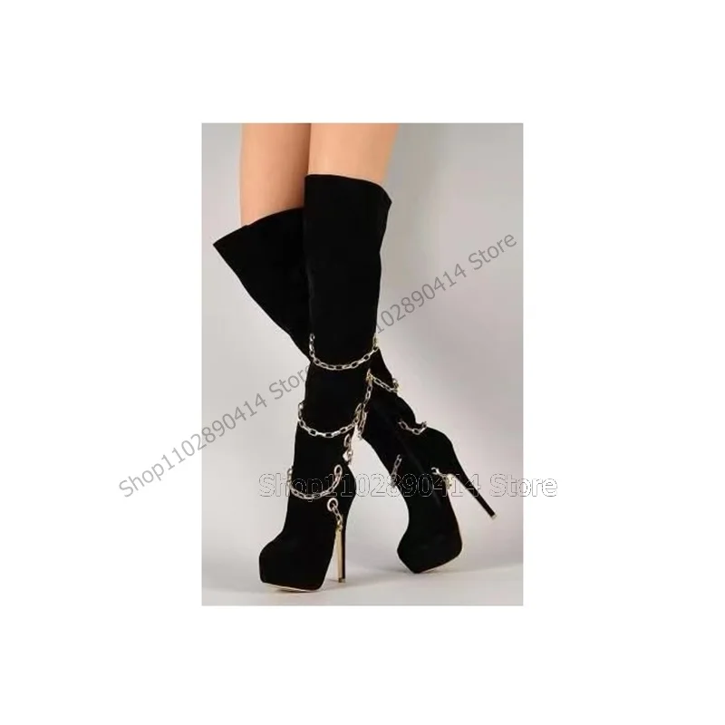 Metal Buckle Chain Decor Black Platform Boots Over The Knee Women Shoes Thin High Heels Novel Fashion 2023 Zapatos Para Mujere