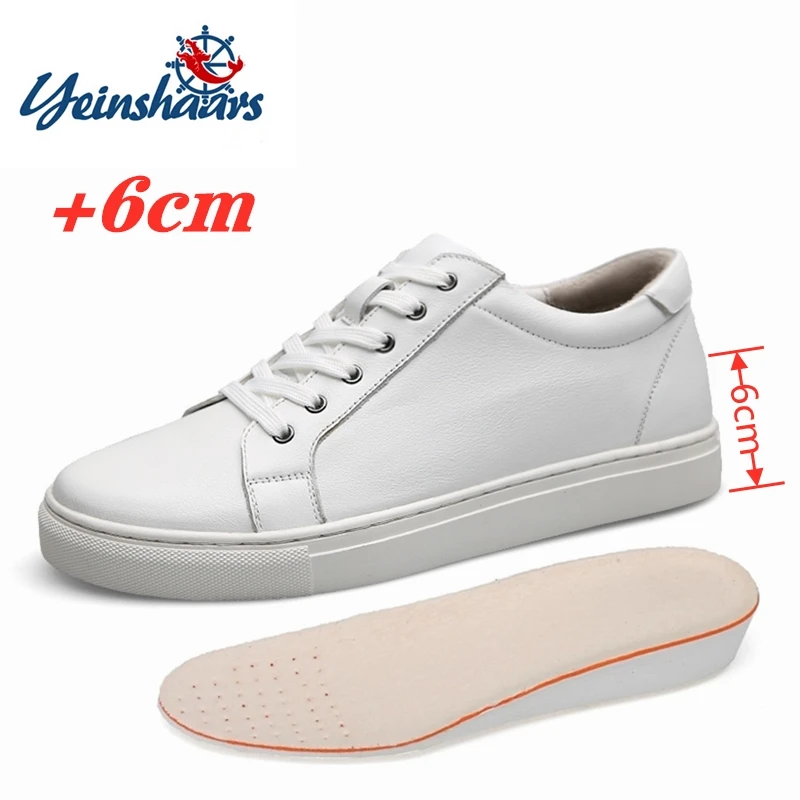 White Genuine Leather Shoes Men Sneakers Man Elevator Shoes Height Increase Insoles High Heels Shoes 5-6CM Shoes Tall Shoes