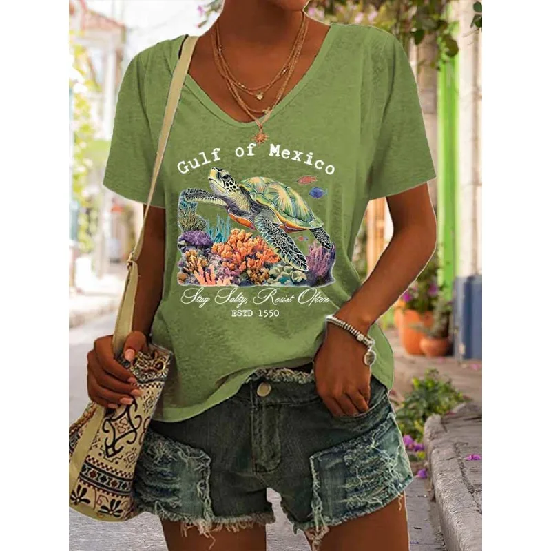 Ladies Short Sleeved T-Shirts Casual V Neck Summer Tops Gulf of Mexico Day Printed T Shirt