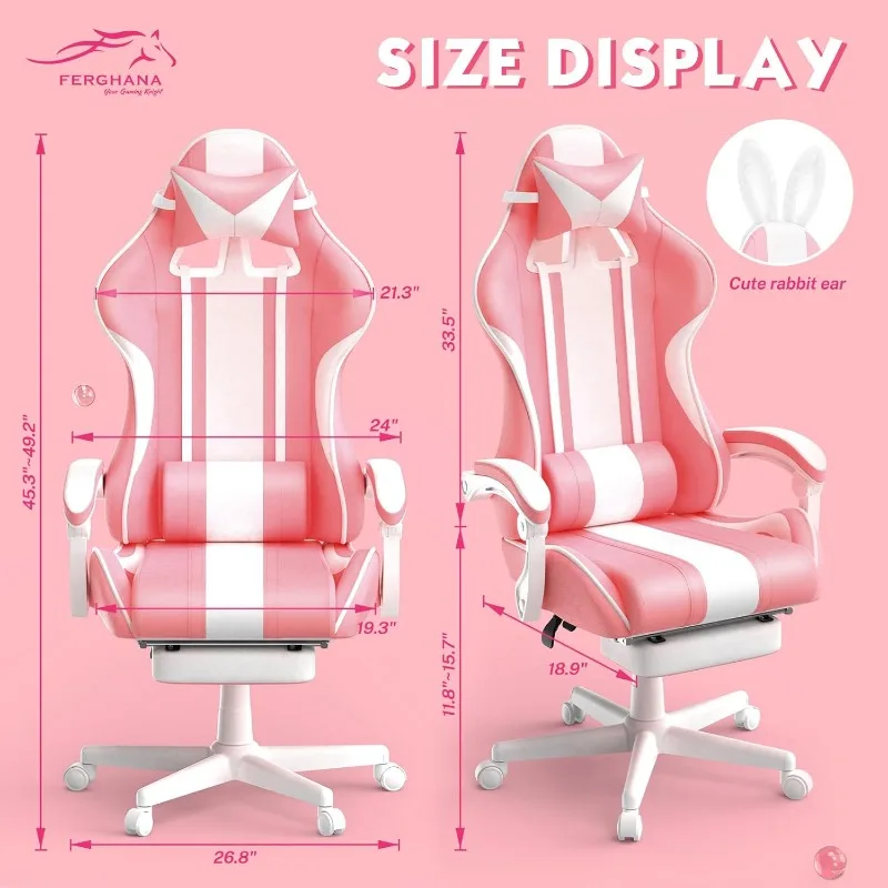 Silla de juego rosa Kawaii con Orejas de conejo, silla de juego de ordenador de oficina de cuero reclinable de carreras de 250 libras