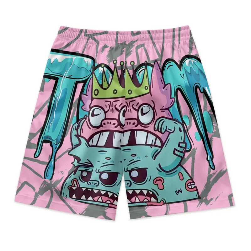 Little Monsters Print Drawstring Waist Pink Shorts Quick Dry Breathable Polyester Sport Shorts Streetwear Clothing Bottoms