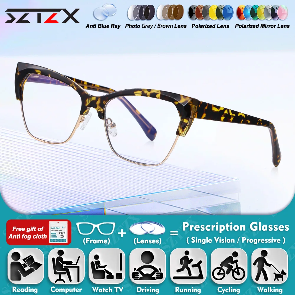 

SZTZX Classic Women Cat Eye Design Myopia Reading Prescription Glasses Eyebrow Frame Anti Blue Light Multifocal Optical Eyeware