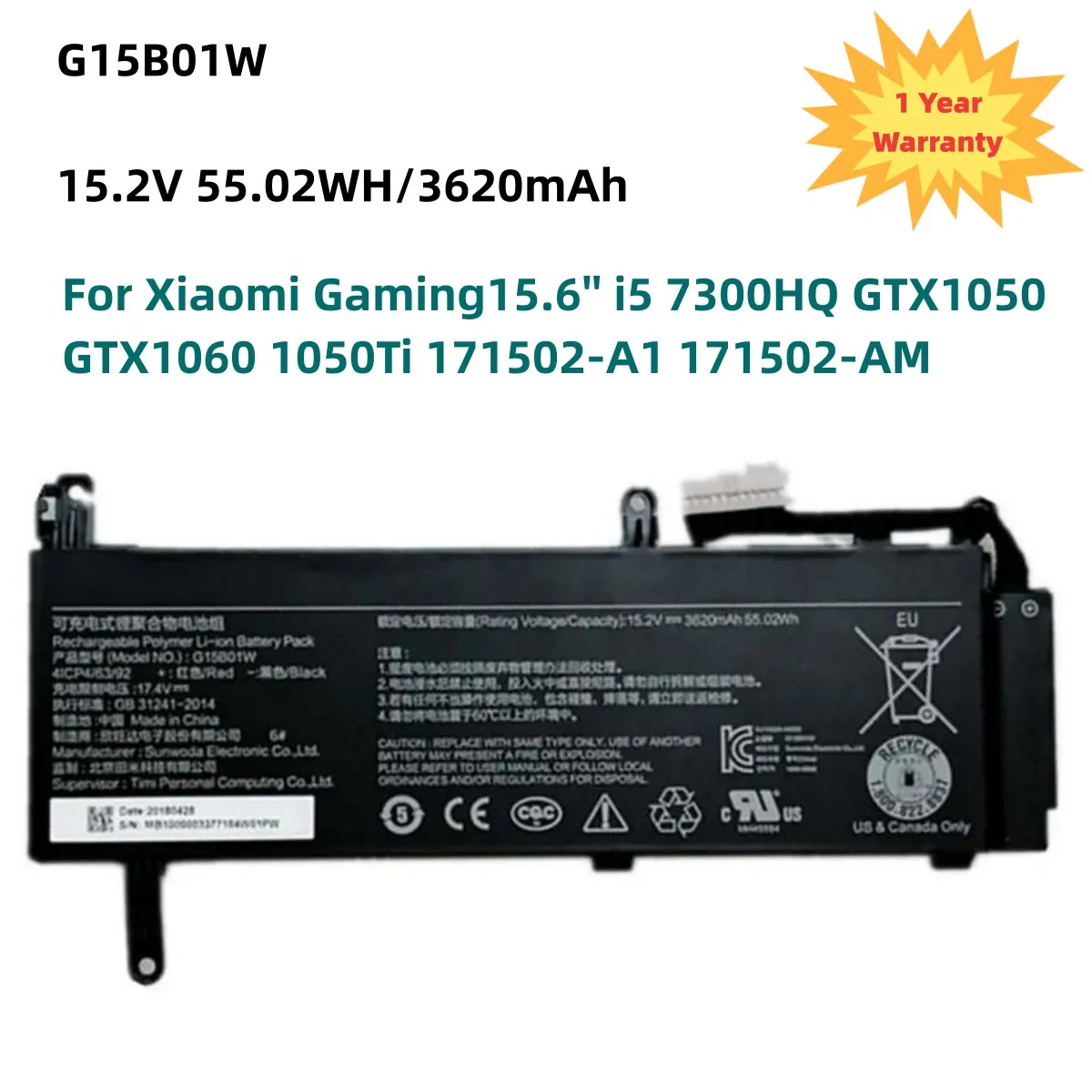 G15B01W Laptop Battery For Xiaomi Gaming15.6'' i5 7300HQ GTX1050 GTX1060 1050Ti 171502-A1 171502-AM 15.2V 55.02WH