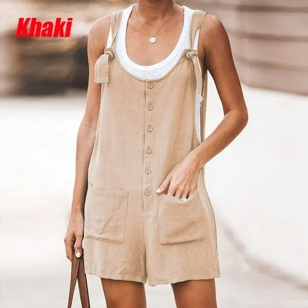 2024 Summer Women Jumpsuit Sleeveless New Solid Color Round Neck Button Loose Short Casual Pocket Stitching Rompers Playsuits