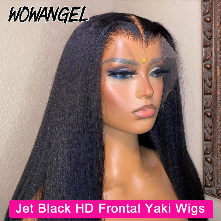 Wow Angel Jet Black 13x6/13x4 HD Lace Front Wigs Yaki Straight Human Hair 5x5 HD Lace Closure Wig Pre Plucked Kinky for Woman