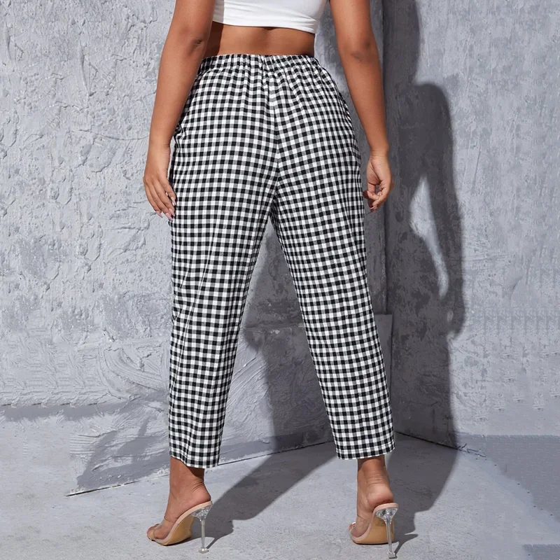 Plus Size Gingham Summer Casual Tapered Carrot Pants Elastic Waist Pocket Front Ankle Length Straight Pants Large Size 7XL 8XL