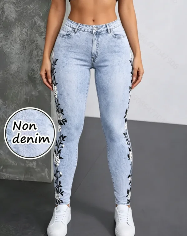 High waisted slim fitting imitation denim pants with stretch, tight fit, slimming and versatile women's casual shorts