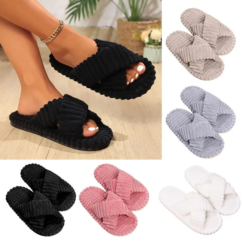 Pantoufles croisées en velours côtelé pour hommes et femmes, toboggans chauds en peluche, chaussures d'intérieur à semelle souple, épais, non ald, couples, hiver