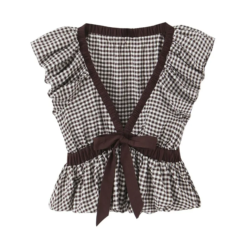 

Women's Gingham Plaid Peplum Top Sweet Slim Fit Ruffled Sleeve V Neck Bow Tie Back Shirt Elegant Ruched Preppy Blouse