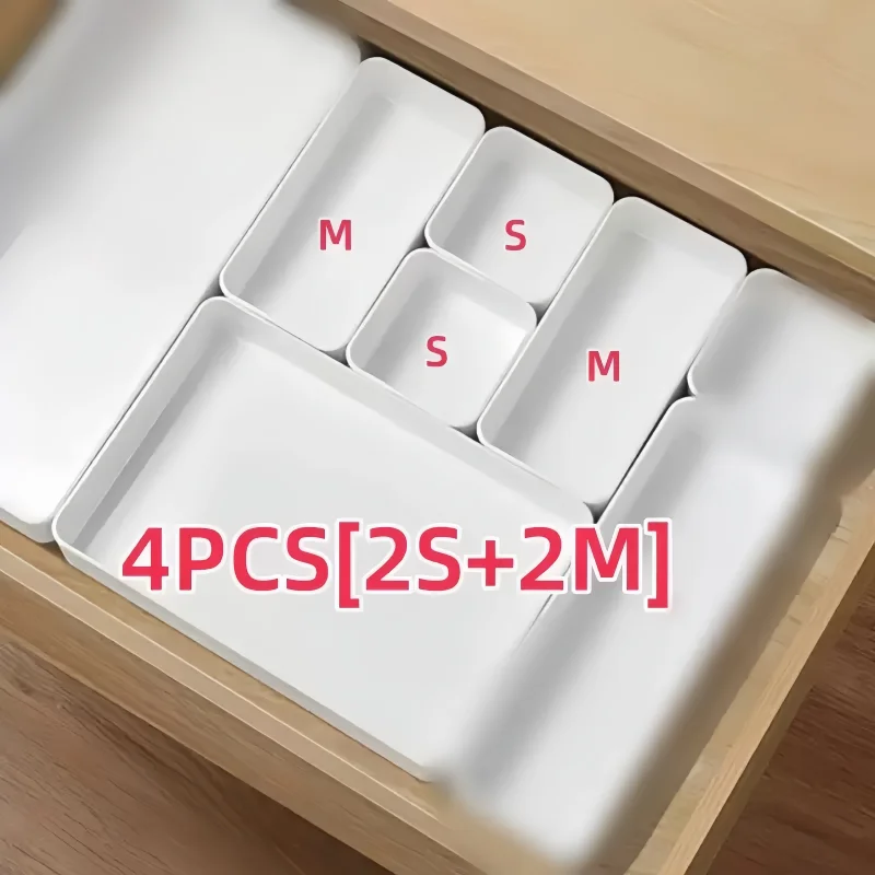 Juego de 4 cajas de almacenamiento con cajones, bandeja divisora de plástico para escritorio, adecuada para cosméticos, utensilios de oficina y cocina