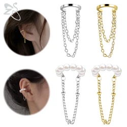 ZS 1 PC Korean Style Ear Clip For Women Girl Pearl Long Tassel Pendant Ear Cuff Non-Piercing Earrings No Pierced Earring Jewelry