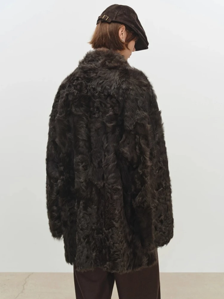 الراقية الفاخرة فرو الضأن الطبيعي شيرلينغ الستر للنساء بسيطة الوقوف طوق منتصف طول الشتاء جلد طبيعي معطف الفرو الحقيقي #3