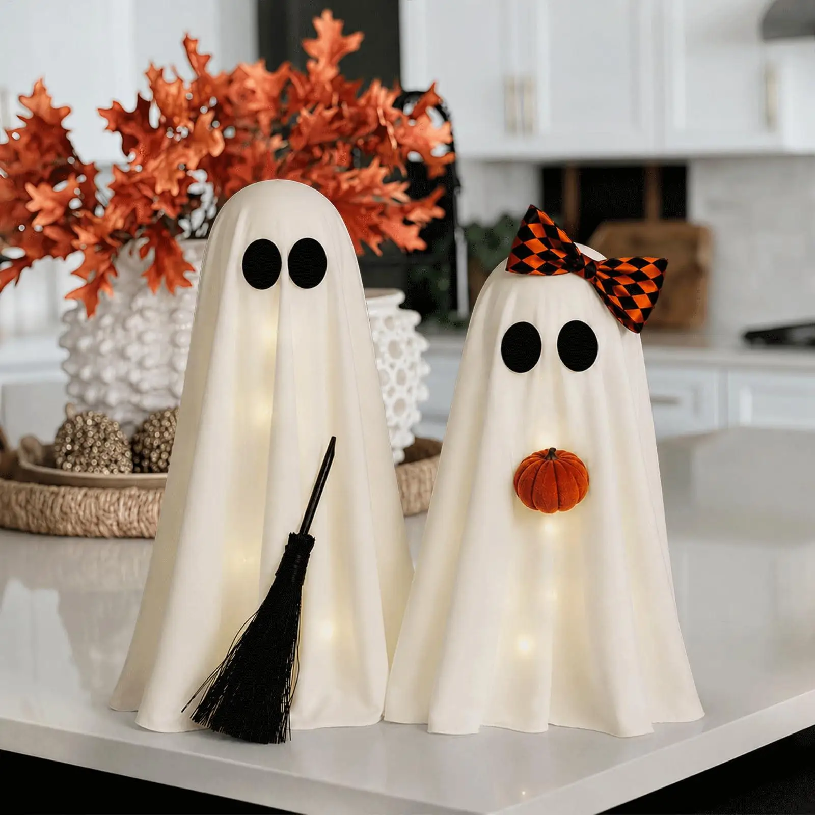 2-Pack Lighted Ghost Decor Glow Figure Pumpkin Broom Spooky Cute Figurine Halloween Table Centerpiece Home Party Ornaments