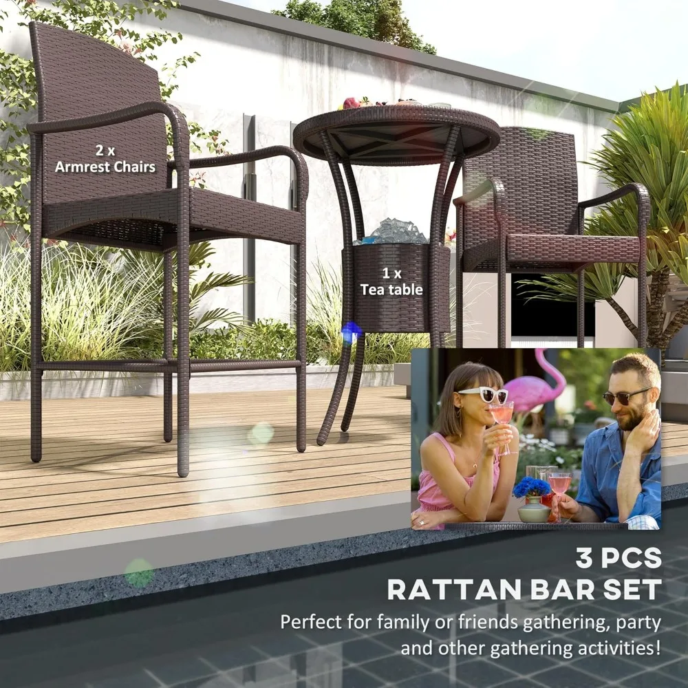 3 Pieces Rattan Wicker Bar Set with Ice Buckets, Patio Furniture with 1 Bar Table and 2 Bar Stools for Poolside, Backyard,