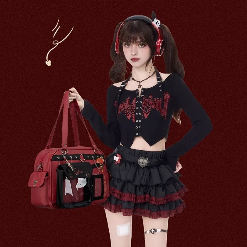 게임 애니메이션 러브 앤 딥스페이스 코스프레 실루스 35x26x11cm 가죽 PU 고딕 스타일 투명 백팩 메신저 이타 백