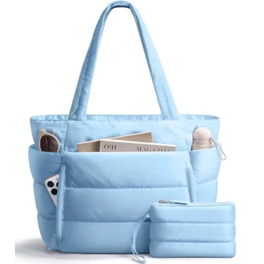 

Puffer Tote Bag for Women, Lightweight Puffy Work Handbag Teacher Nurse Quilted Shoulder Bag for School Travel Gym Cloud Bag w/