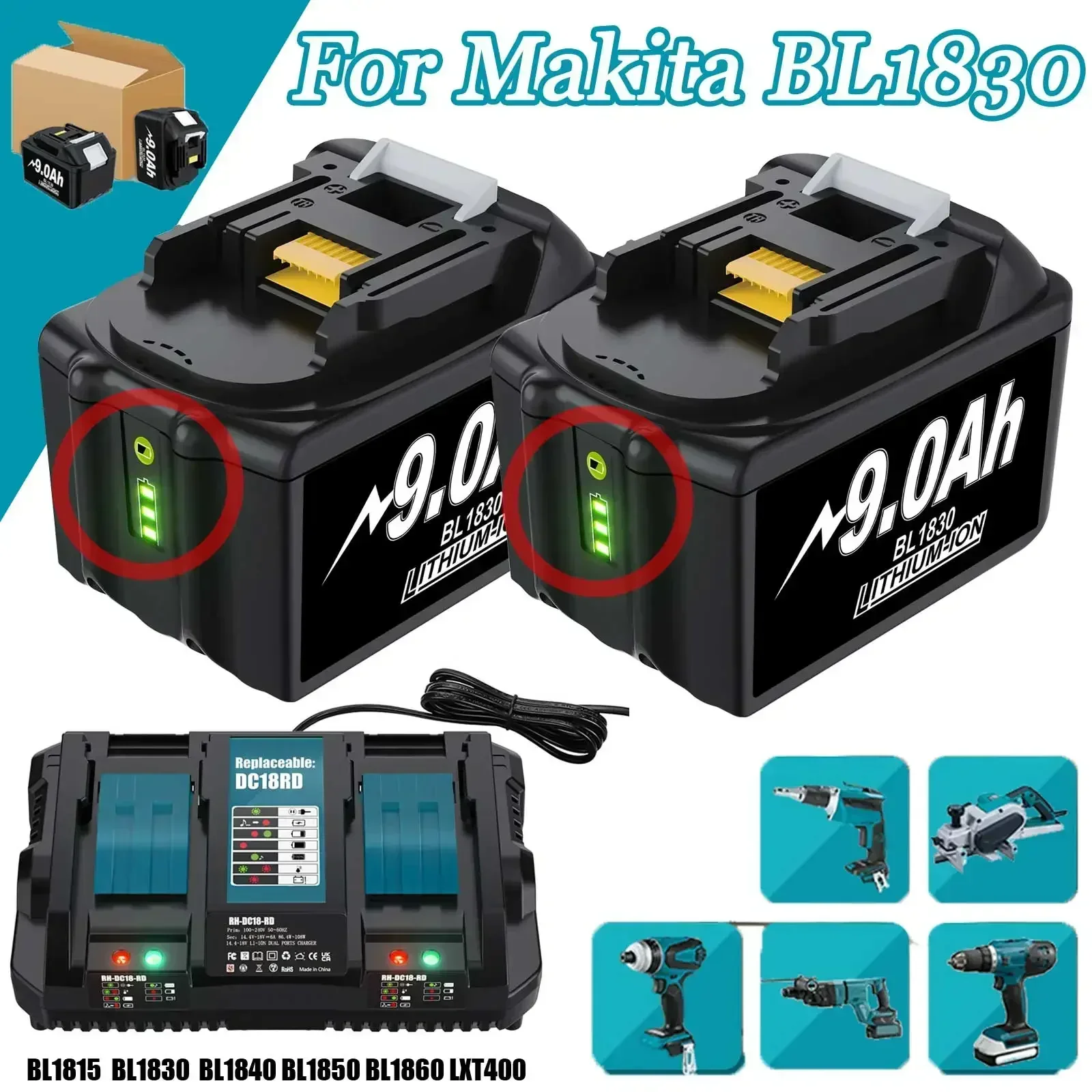 

18V 9000MAH For Makita Rechargeable 18V Li-Ion Battery BL1850 BL1850B BL1840 BL1840B BL1830 BL1830B BL1815B Battery +charger