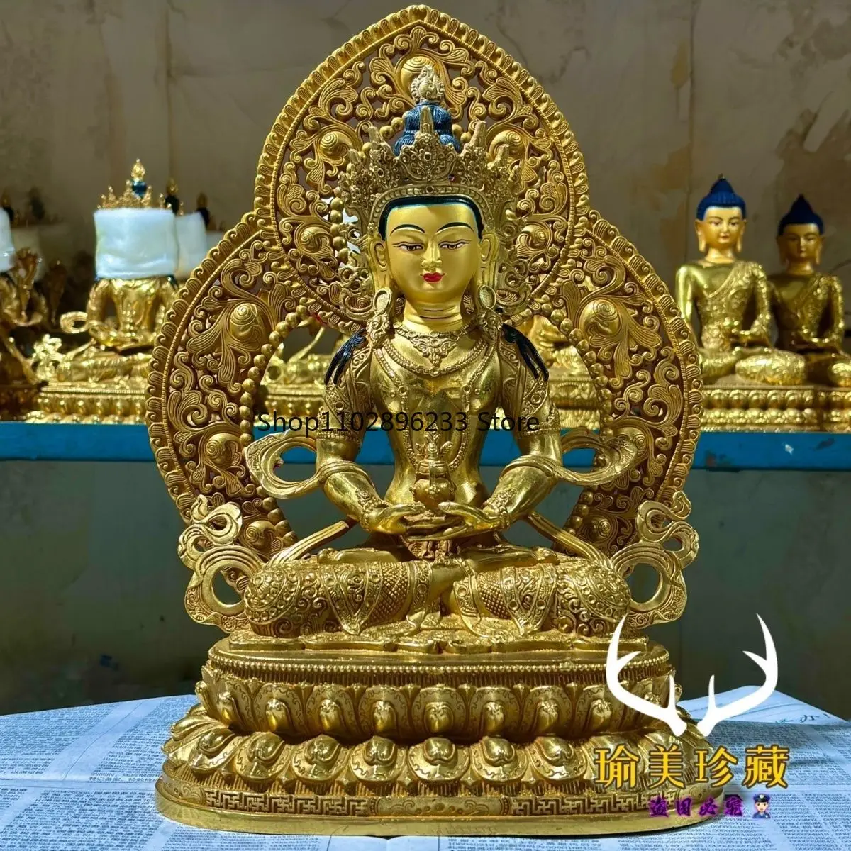 10-Inch Longevity Buddha Bodhisattva gilt Buddha statue ornament, pure copper one foot 33 cm, handmade open face bronze statue w