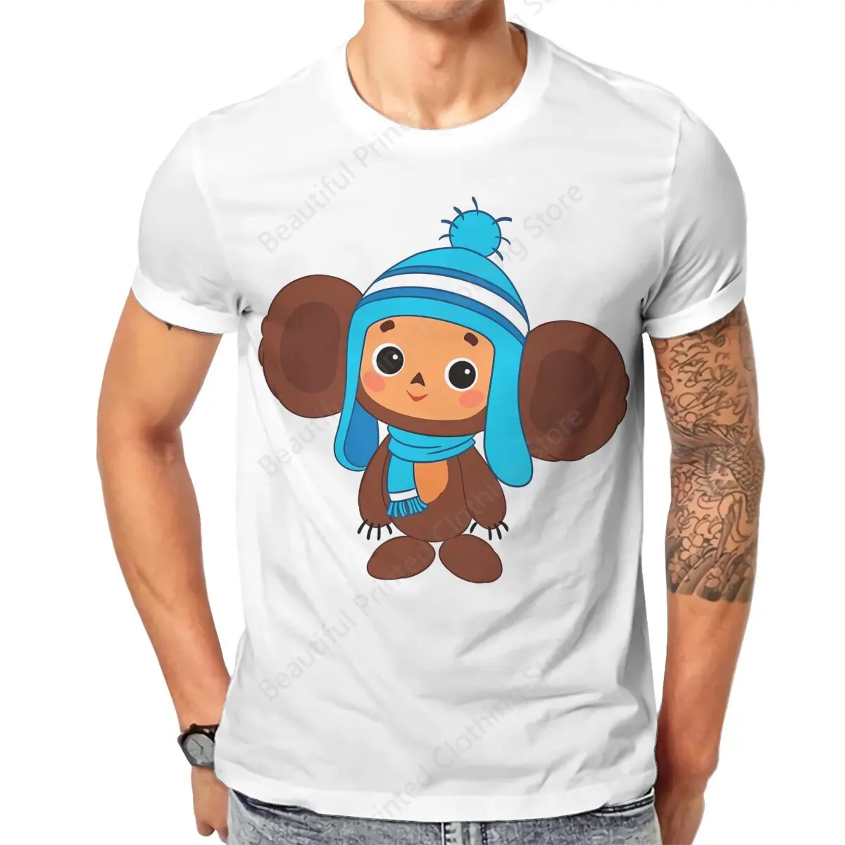 Russian Cartoon Couple T-Shirt Cheburashka Cute Cartoon Funny Printing T-ShirtsO-Neck Breathable Tee Cotton Fun Tees