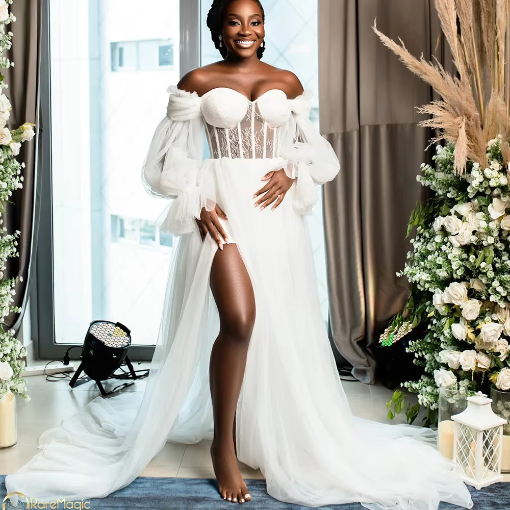 

Modern Ivory Tulle Wedding Dress For Women Floor Length Off The Shoulder Wedding Gown Long Lantern Sleeves Bridal Gown