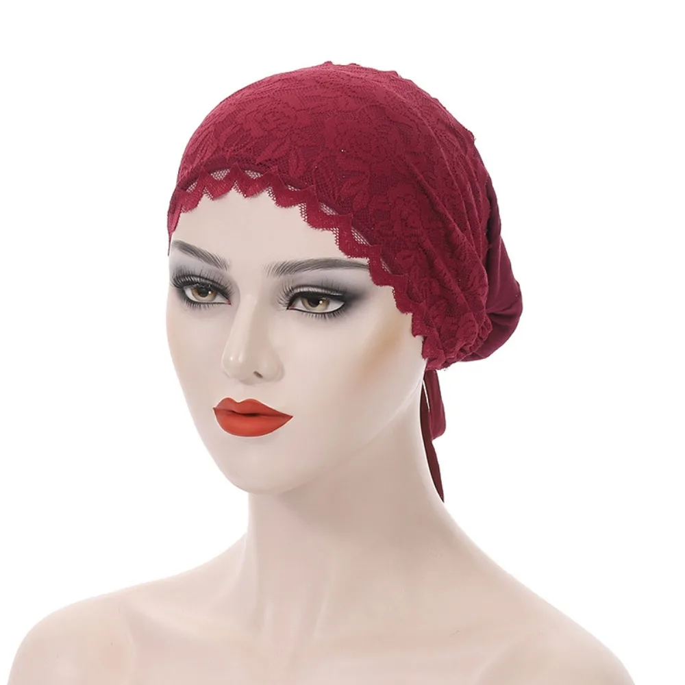 Fashion Elegant Turban Hat Solid Color Elastic Hijab Cap Tie Straps Breathable Under Scarf Caps Female Head Covering