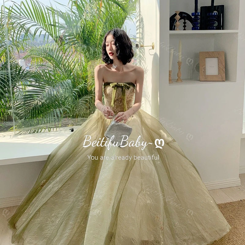 

BeitifuBaby 2025 Women's Strapless Evening Gown Slimming Bow Banquet Ball Gown Princess Style Lace-up Party Dresses for Women