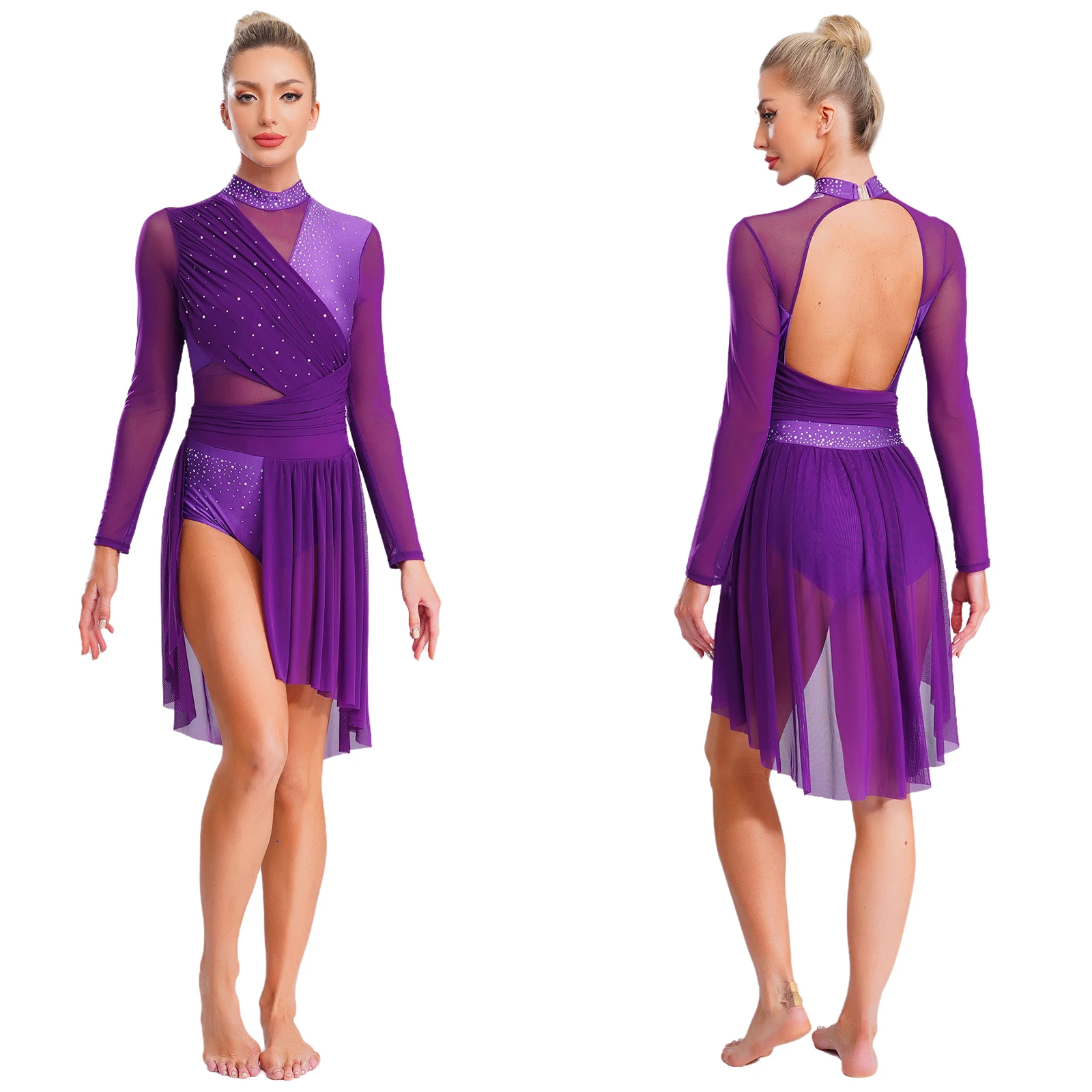 Women Modern Contemporary Dance Costume Rhinestone Long Sleeve Backless One Piece Ballet Leotard Dress Skating Lyrical Dancewear