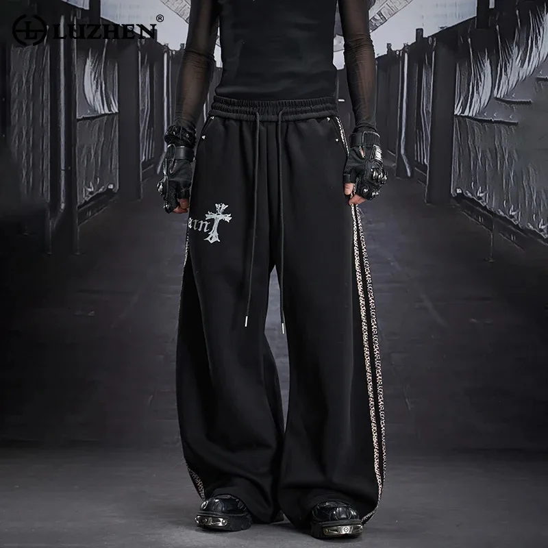 

LUZHEN 2025 New Fashion Stripe Letter Printed Loose Straight Casual Pants Men Streetwear Handsome Wide Leg Trousers Male JY5407