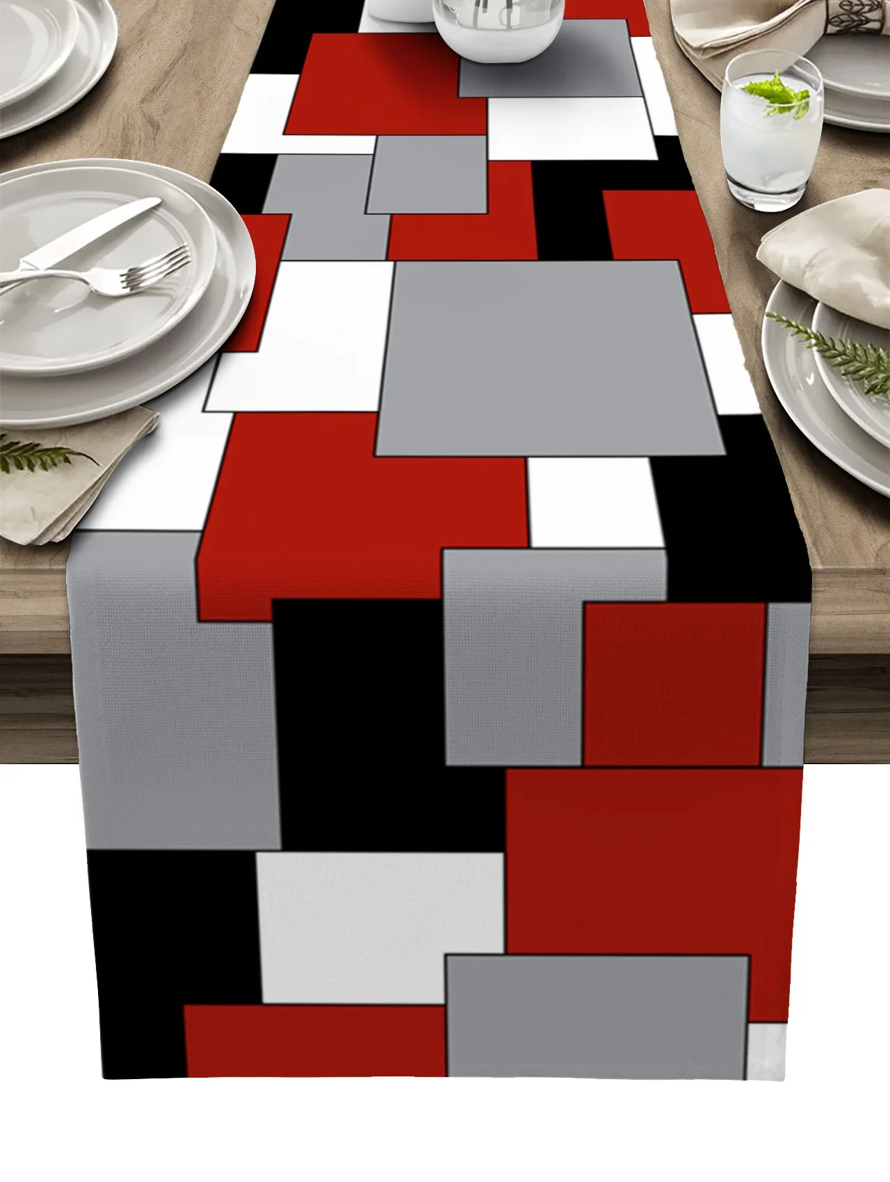 Elegant Irregular Abstract Squares Linen Table Runner for Dining  Party Decoration