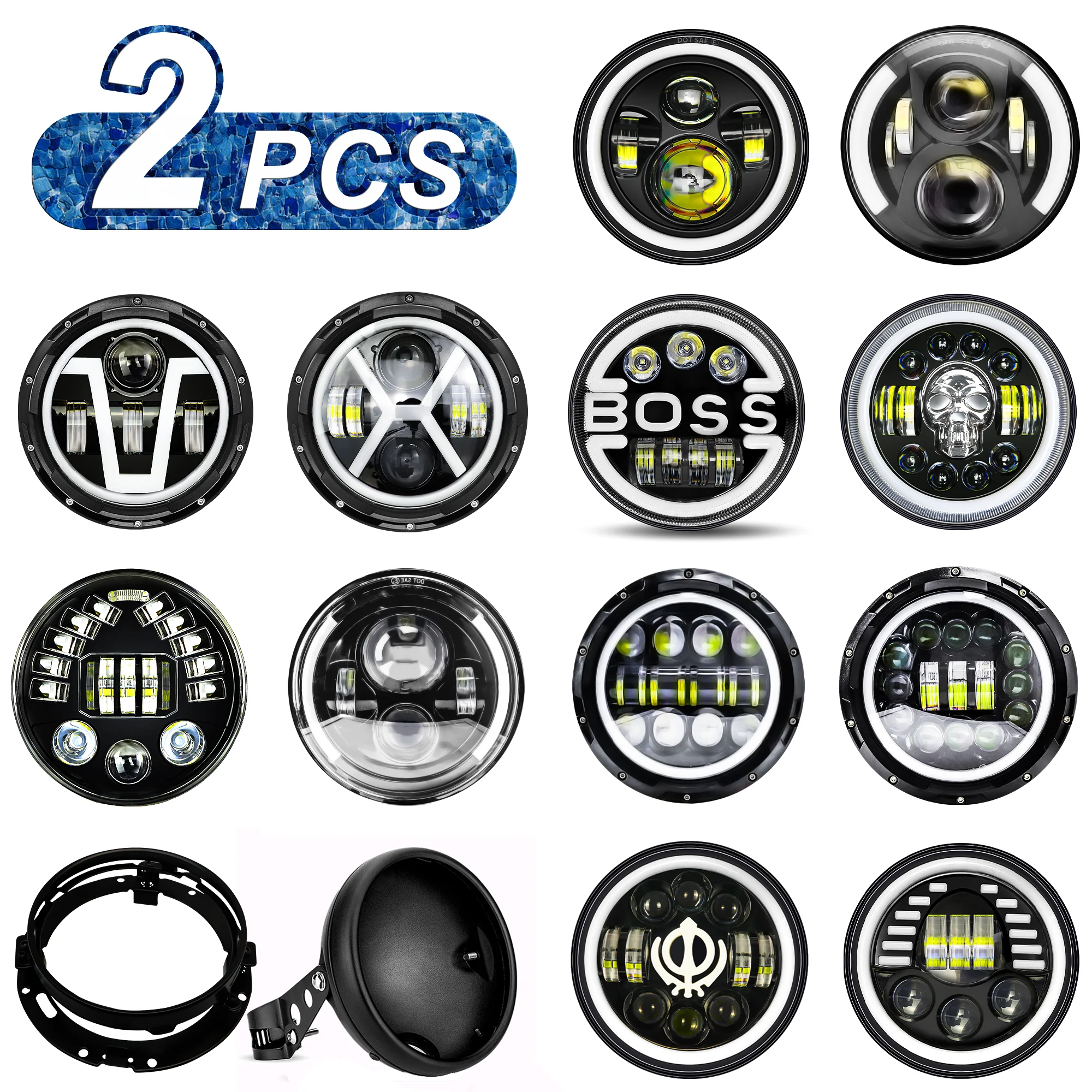 2pcs 7 Inch Motorcycle LED Headlight for Motorcycle JEEP Wrangler JK Harley King Yamaha Cafe Racer 7Inch Round LED Headlight