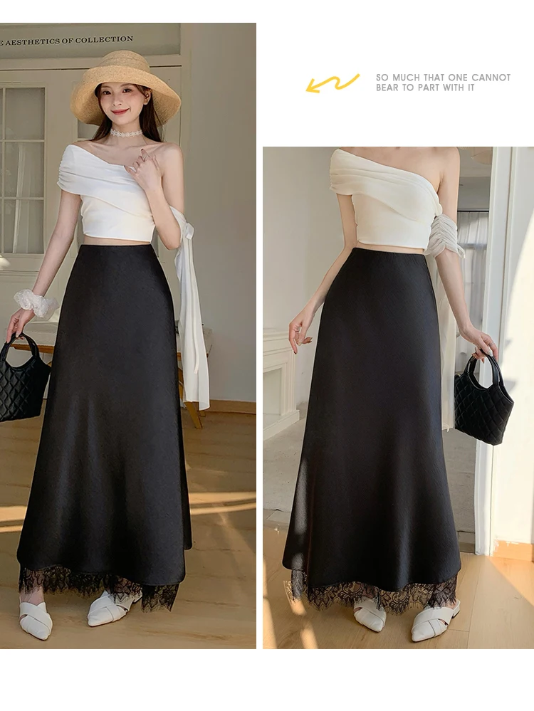 2026 Sommer Herbst Neuer Schlanker Hochwertiger Modischer Halbrock Eleganter Spitzenbesatz Satin Seitenschlitz Damen Midi-Rock – Detail 28