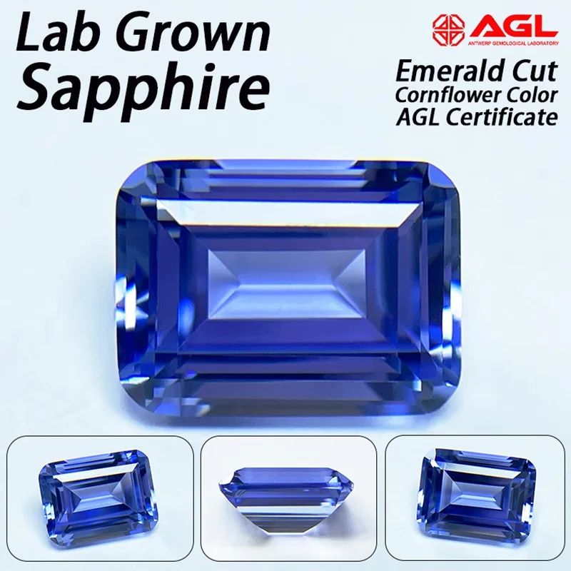 

Lab Grown Sapphire Emerald Cut Cornflower Color Gemstone for DIY Charms Jewelry Making Main Materials Selectable AGL Certificate